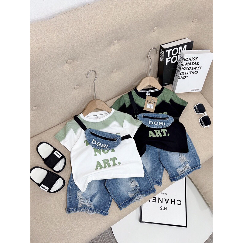 Set quần jean áo ngắn tay bé trai kèm túi đeo chéo bé trai, set đùi quảng cháu bé trai