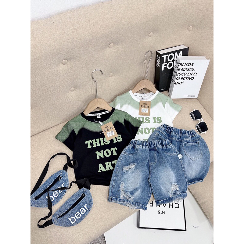 Set quần jean áo ngắn tay bé trai kèm túi đeo chéo bé trai, set đùi quảng cháu bé trai