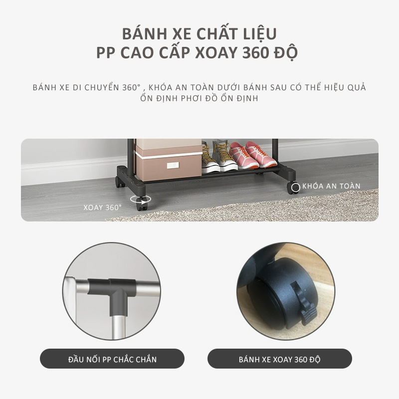 Kệ Treo Quần Áo/ Giàn Phơi Quần Áo Thanh Kim Loại Chắc Chắn, Đa Năng Kết Hợp 2 Tầng Để Giày Dép, Đồ Đạc Tăng Sức Chứa