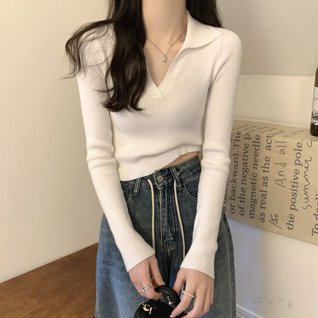 Áo thun nữ, áo croptop dài tay cổ polo basic chất liệu gân đũa dày dặn tôn dáng TIMO, CTR527
