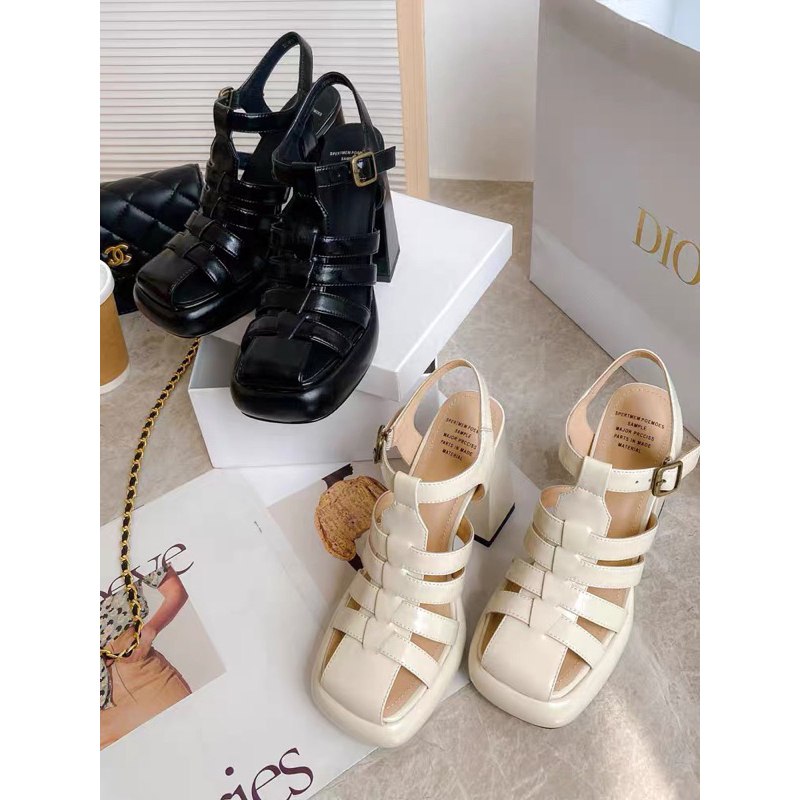 ORDER 🌸 Giày da bóng quai dây đan bít mũi  đế đúp gót trụ 13cm 34-39