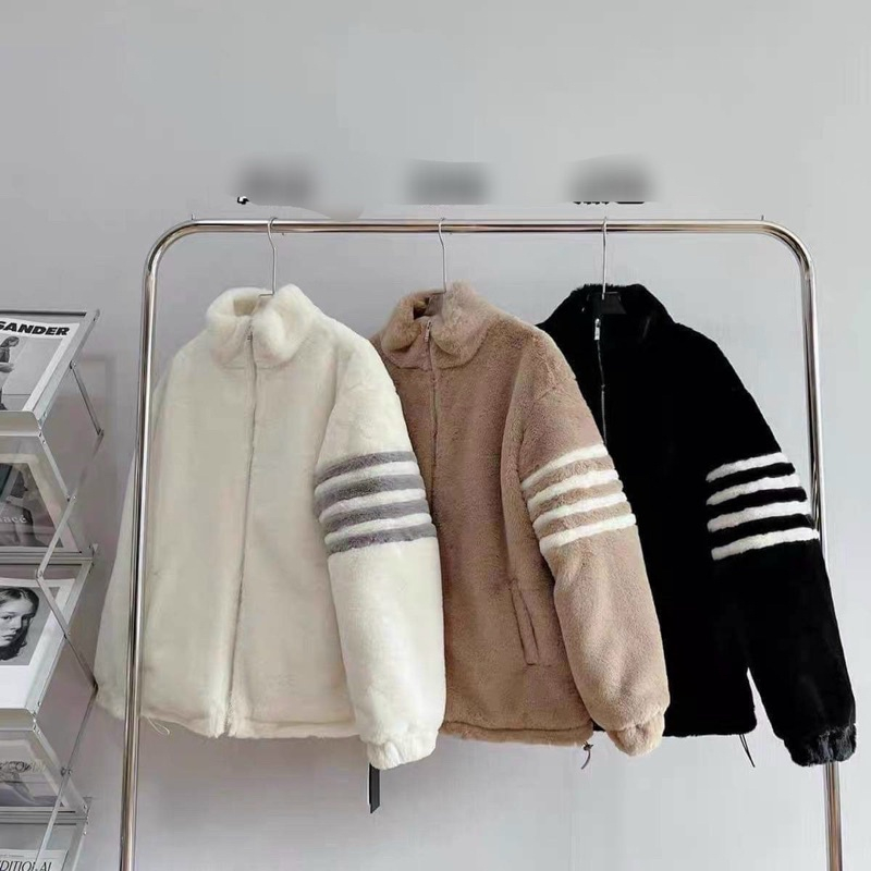 Áo Khoác Lông Cừu vạch tay Trắng Có Mũ siêu ấm form rộngThời Trang Mùa Đông Lông cừu Hot trend