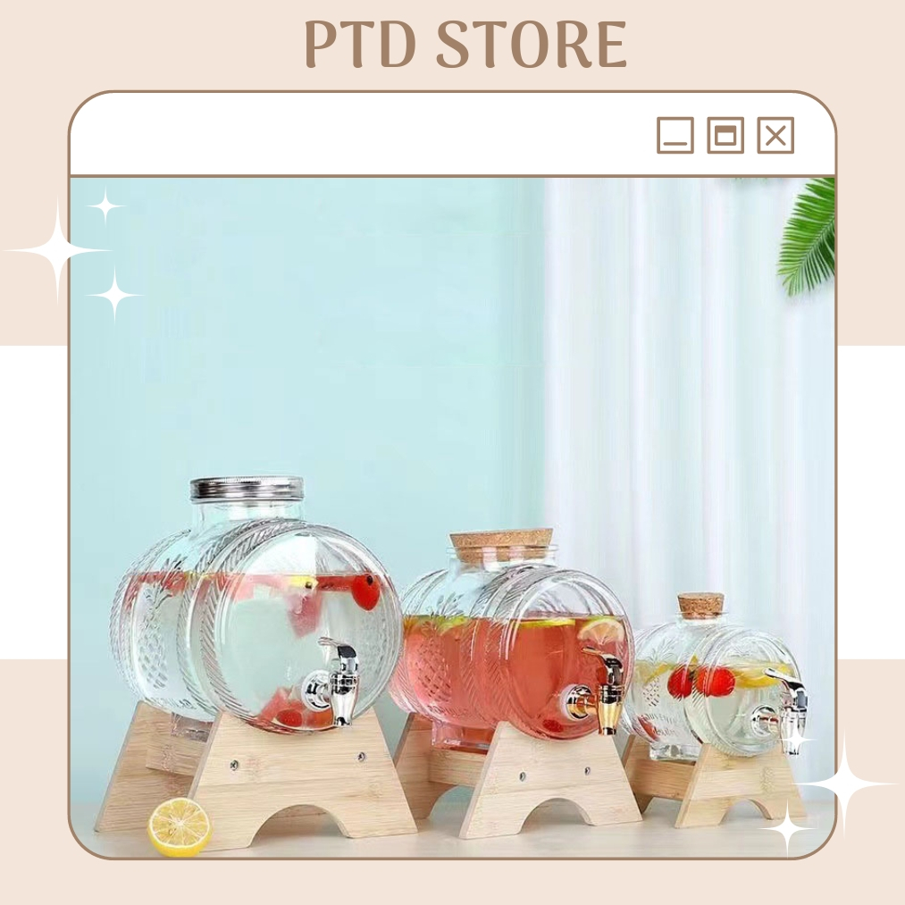 Bình thủy tinh ngâm rượu có vòi - Bình thủy tinh pha nước cỡ đại kèm kệ gỗ có vòi vặn tiện lợi