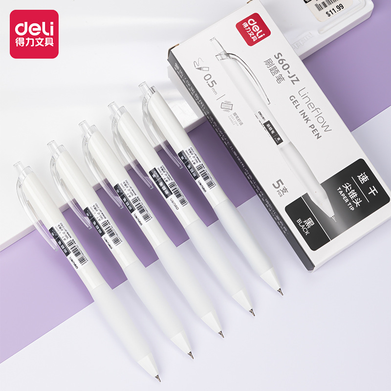 Bút gel Deli thiết kế trắng sang trọng ngòi 0,5mm mực đen bấm khô nhanh S60-JZ/S60-ST