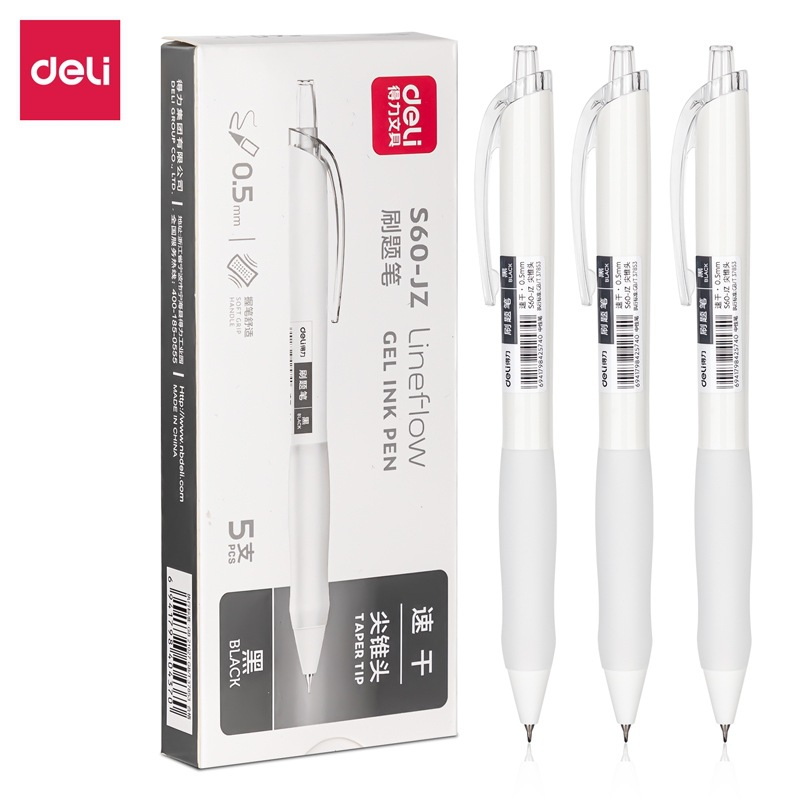 Bút gel Deli thiết kế trắng sang trọng ngòi 0,5mm mực đen bấm khô nhanh S60-JZ/S60-ST