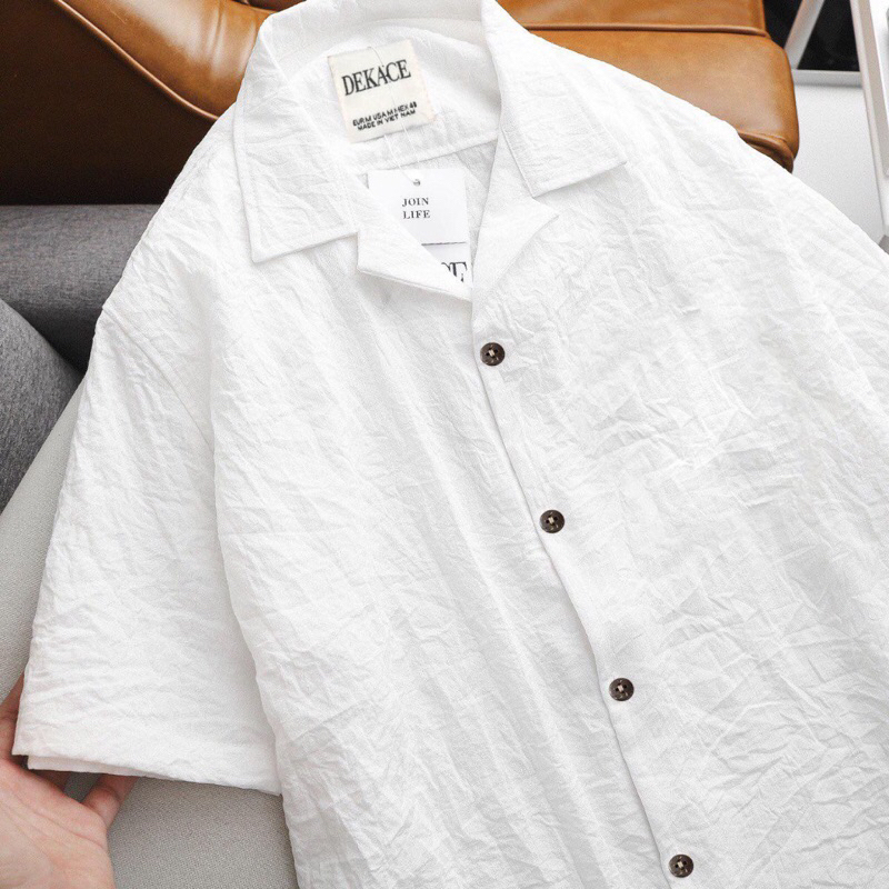 Sơ mi nam cổ vest  vải đũi phối cúc dừa