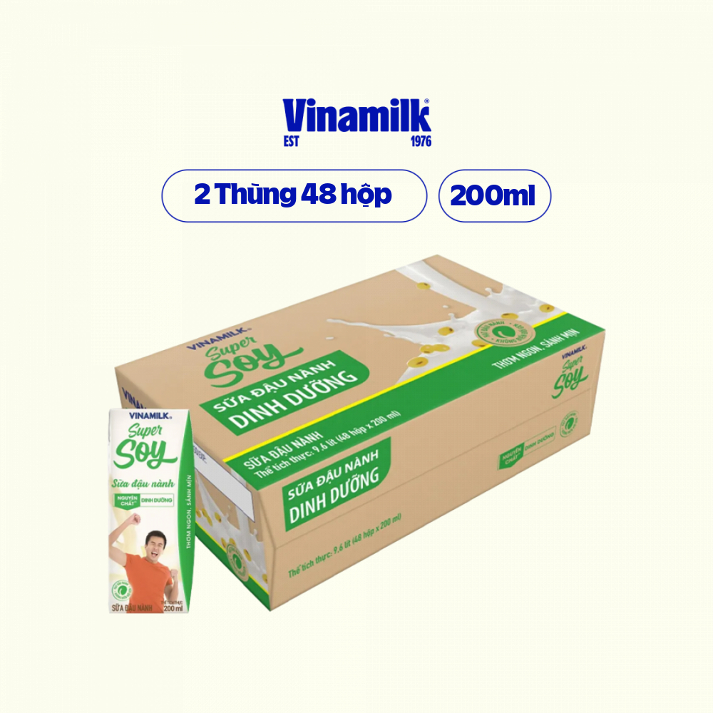 2 Thùng Sữa đậu nành Vinamilk Nguyên chất hộp 200ml - 48 hộp/Thùng