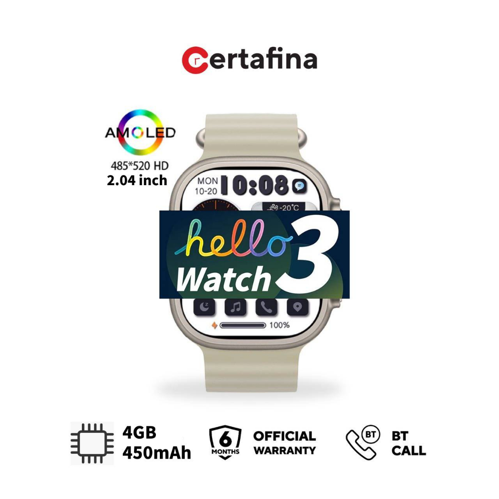 Đồng hồ thông minh Certafina Hello Watch 3 ROM 4GB Nhạc địa phương AMOLED AOD la bàn NFC Sách điện tử