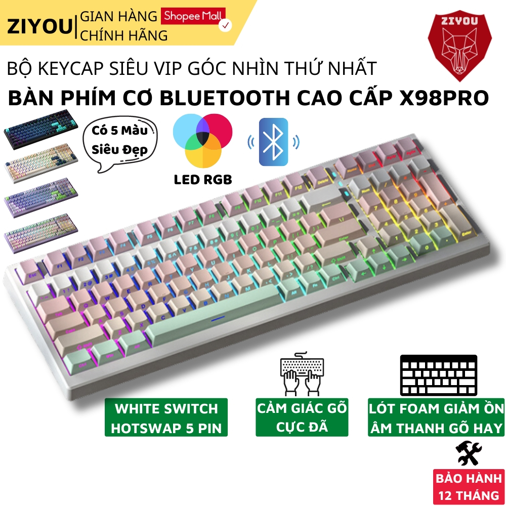 Bàn Phím Cơ Không Dây Bluetooth Ziyou X98PRO Gaming LED Rgb Cấu Trúc Phím Gasket VIP, Hotswap 5 Pin