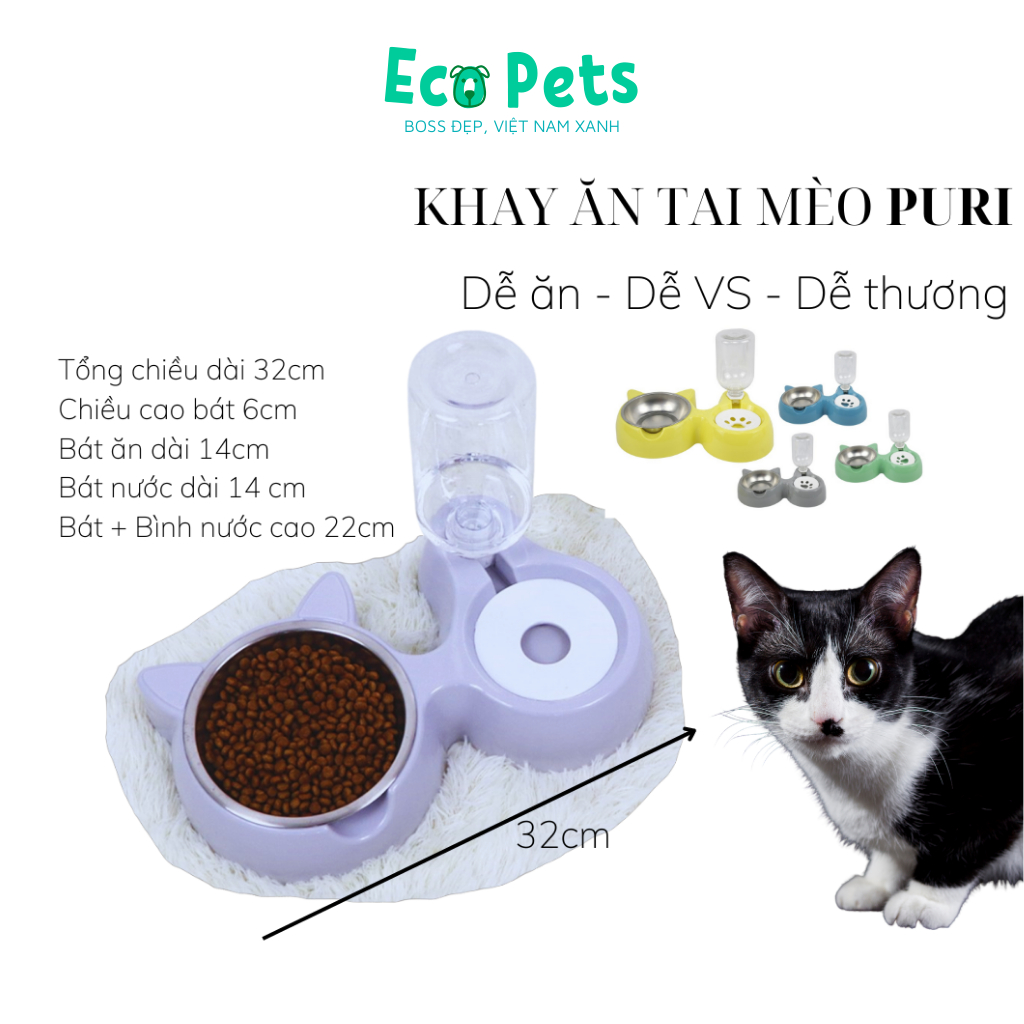 Bát ăn tự động ECOPETS khay ăn uống cho chó mèo khay ăn 2 ngăn tai mèo tiện lợi đáng yêu cho thú cưng