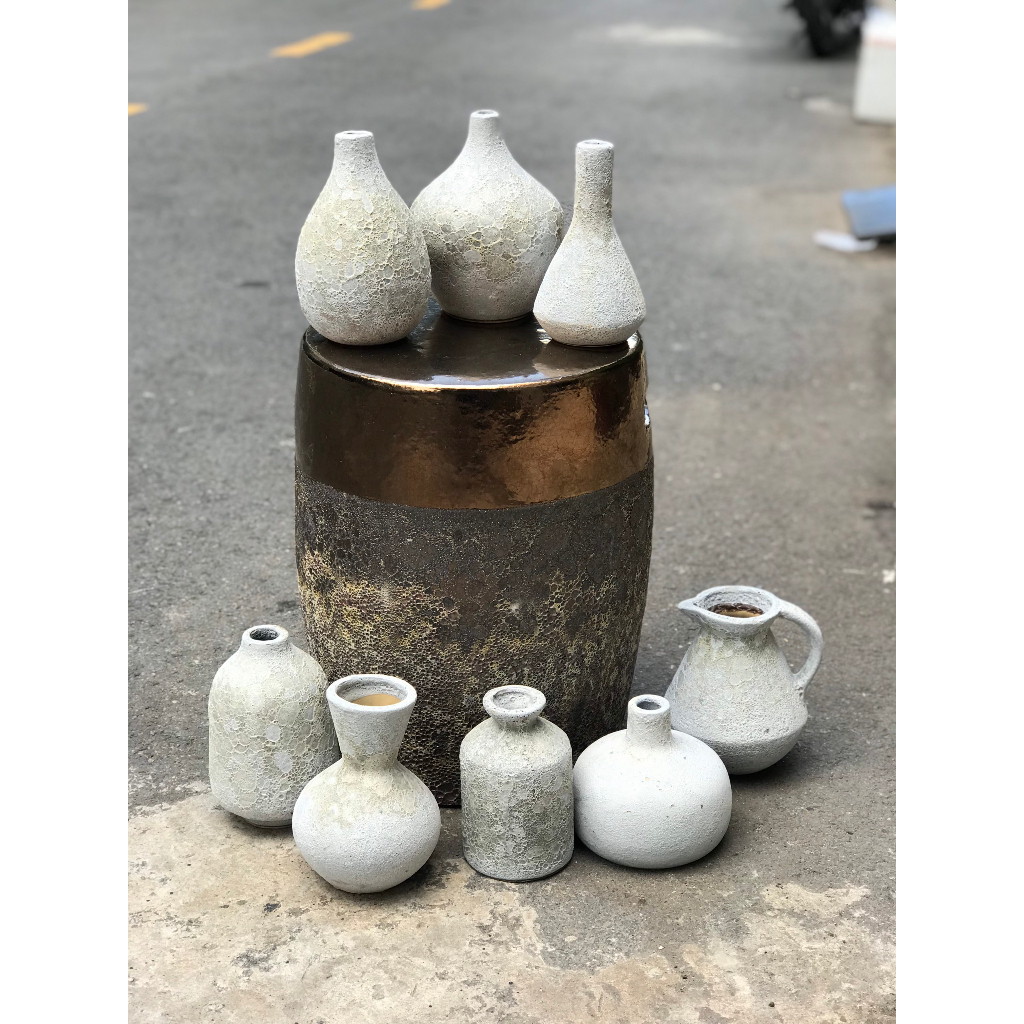 BỘ BÌNH HOA MEN SÔI MINI TRẮNG PHẤN TRANG TRÍ DECOR CẮM HOA