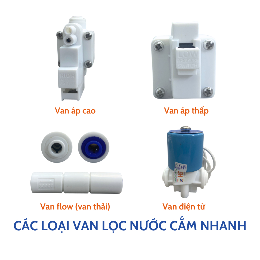 Van Áp Cao, Van Áp Thấp, Van Điện Từ, Van Thải Flow 300 Dây Nối Nhanh Phi 6 Cho Máy Lọc Nước RO