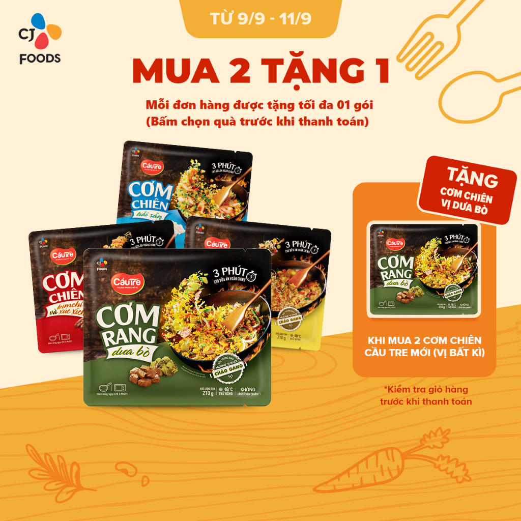 Cơm chiên Cầu Tre mới Vị dưa bò, gà cháy tỏi, hải sản, kim chi xúc xích (túi 210g)
