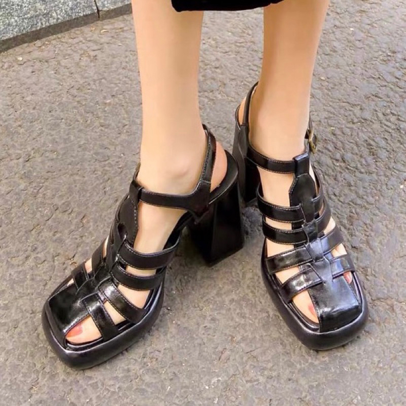 ORDER 🌸 Giày da bóng quai dây đan bít mũi  đế đúp gót trụ 13cm 34-39