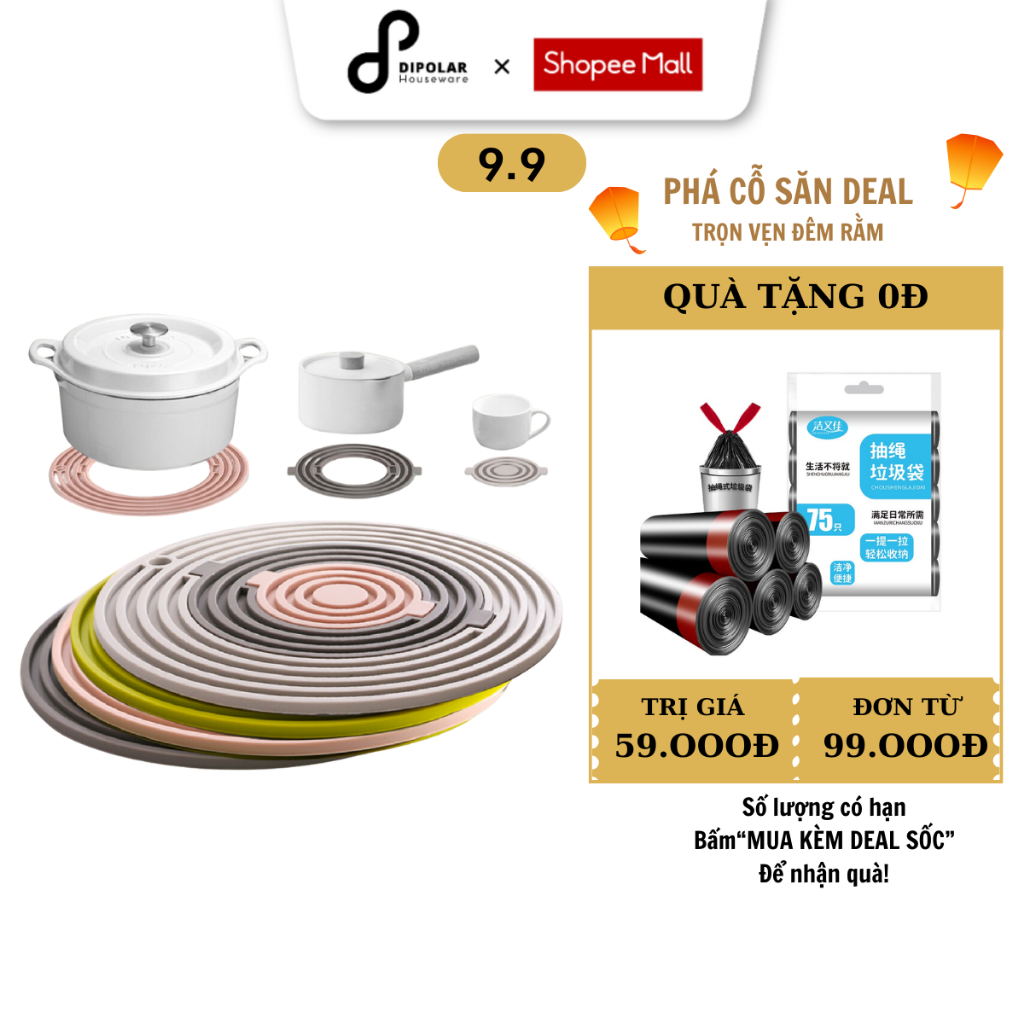 Miếng Lót Nồi Lót Ly Cách Nhiệt Silicon DIPOLAR Chịu Nhiệt Tốt Chống Trơn Trượt Tích Hợp 3 Trong 1 - DMLN01