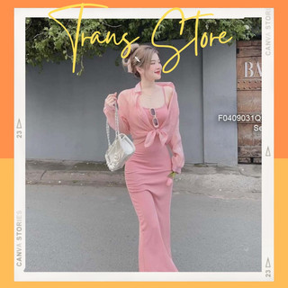 Đầm body 2 dây dáng dài phối áo khoác sơmi tay dài! transstore