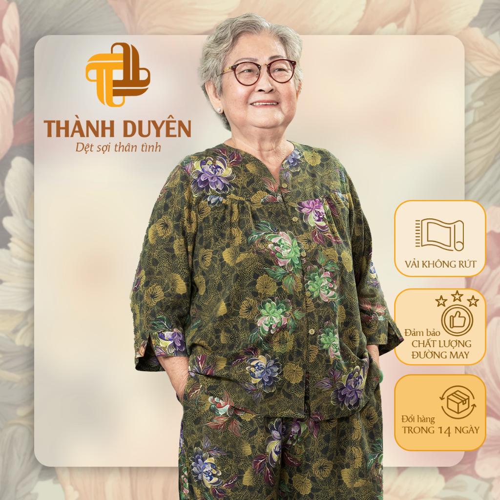 Đồ bộ Tole cho bà mặc nhà (Big size) Thành Duyên hoa, cổ tàu, tay lỡ, quần dài, không rút, thoáng mát 1579TLD