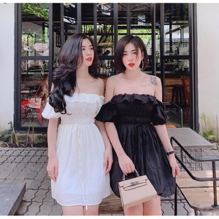 Đầm xoè nhún cổ vuông trễ vai (mặc 1 lần pass)