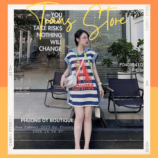 Đầm jean sát nách có nón phối sọc in chữ hai mặt cá tính!