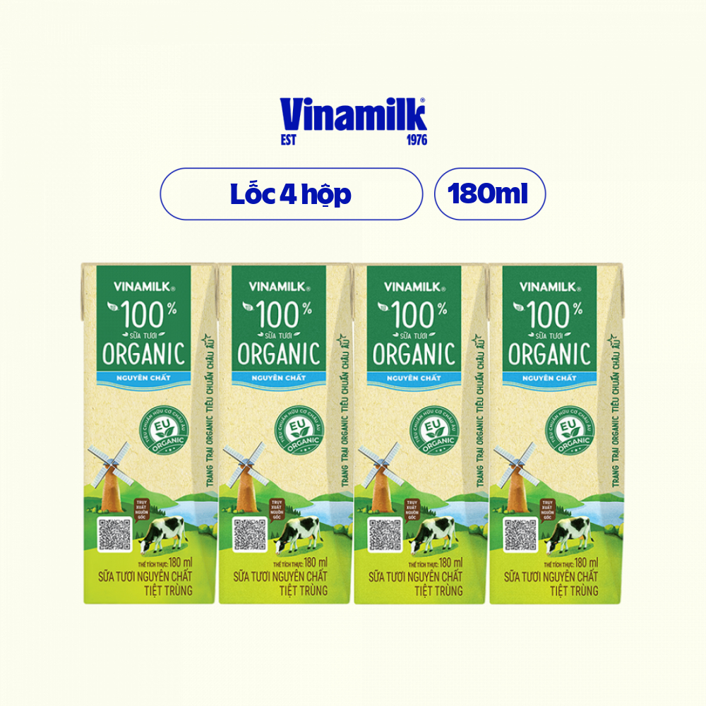 Lốc 4 hộp Sữa tươi tiệt trùng nguyên chất Vinamilk 100% Organic - hộp 180ml