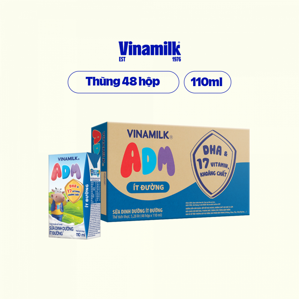 Sữa dinh dưỡng ít đường Vinamilk ADM - Thùng 48 hộp 110ml
