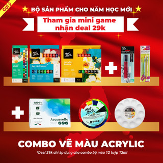 Combo 6 món tập vẽ màu acrylic mont marte x sổ vẽ happy