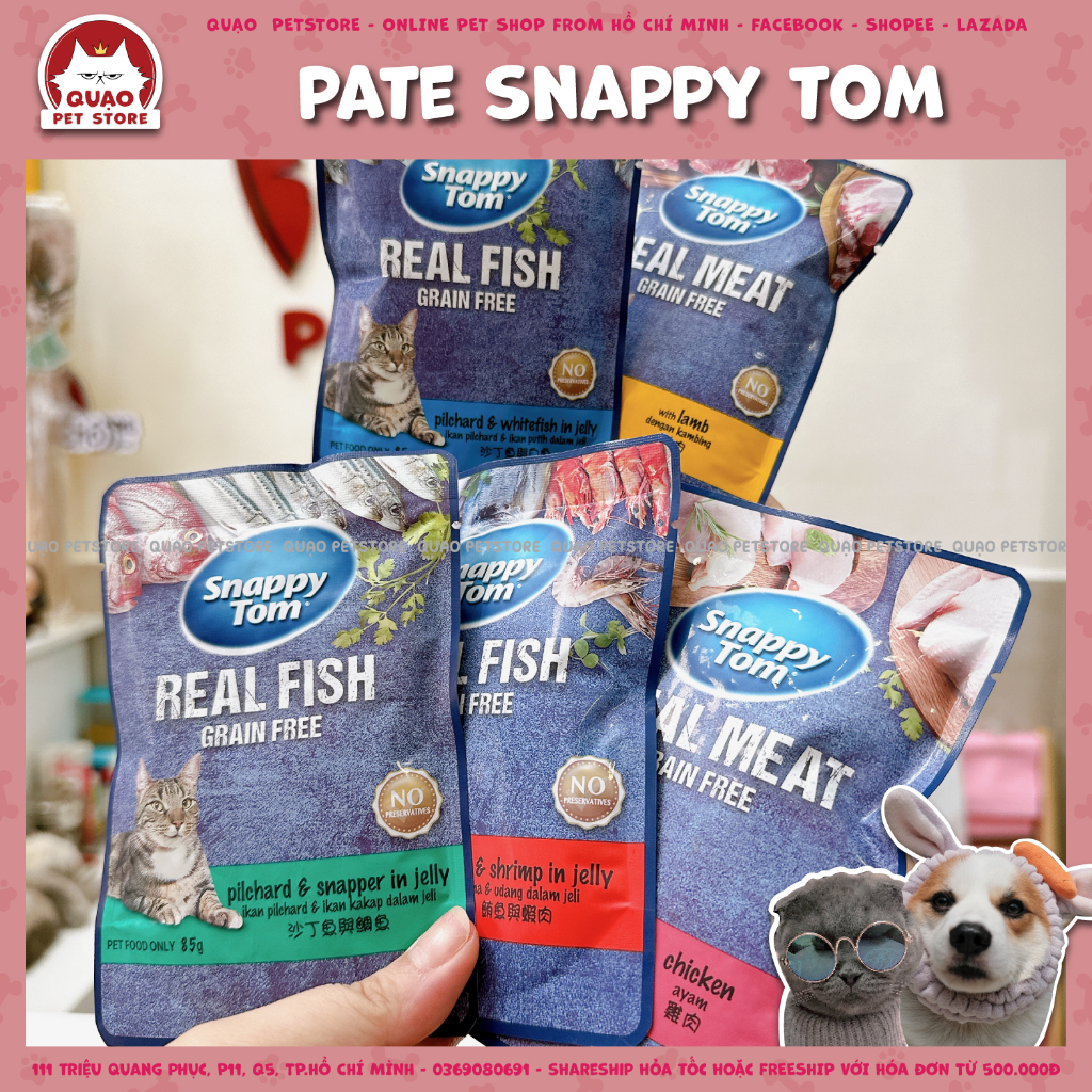 Pate Real Fish Grain Free Snappy Tom, gói 85g, thức ăn ướt cho mèo