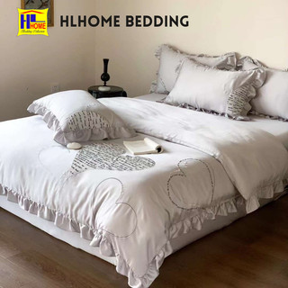 Bộ chăn ga tencel 100s Hlhome bedding thêu trái tim, dòng cao cấp thoáng mát