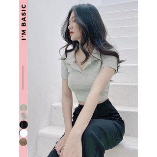 Áo Croptop Polo Nữ Xám Khói Cổ Vải Cotton Co Giãn Thoáng Mát Croptop Ngắn Tay Thun Đẹp I'm Basic