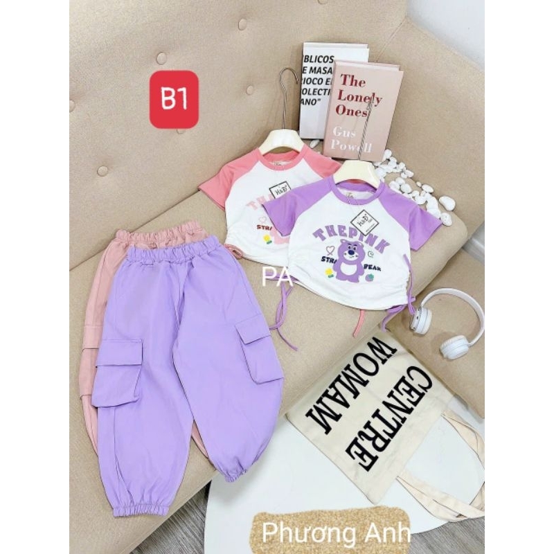 Sét bộ bé gái quần túi hộp in gấu dâu