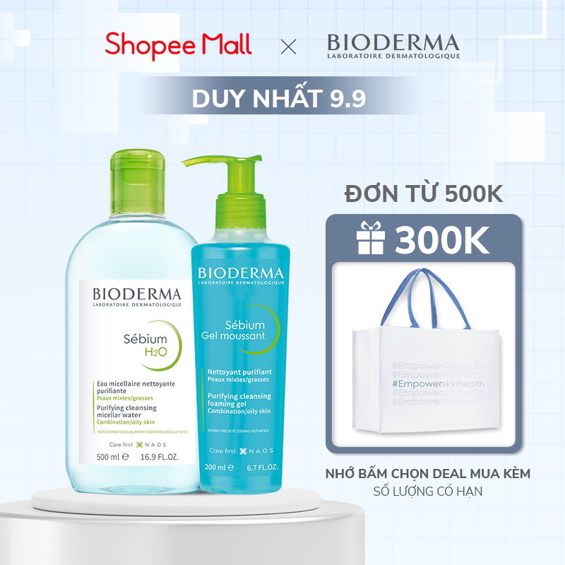Bộ Nước Tẩy Trang Và Làm Sạch Công Nghệ Micellar Cho Da Dầu, Mụn Bioderma Sebium H2O 500Ml Và Gel Rửa Mặt Tạo Bọt 200Ml