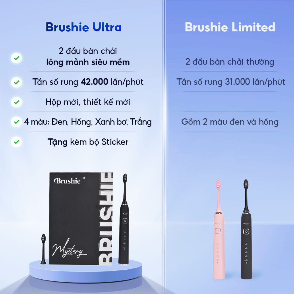 Bàn chải điện Brushie chính hãng, bàn chải đánh răng điện công nghệ sóng âm sonic tặng kèm đầu rửa mặt bảo hành 1 năm