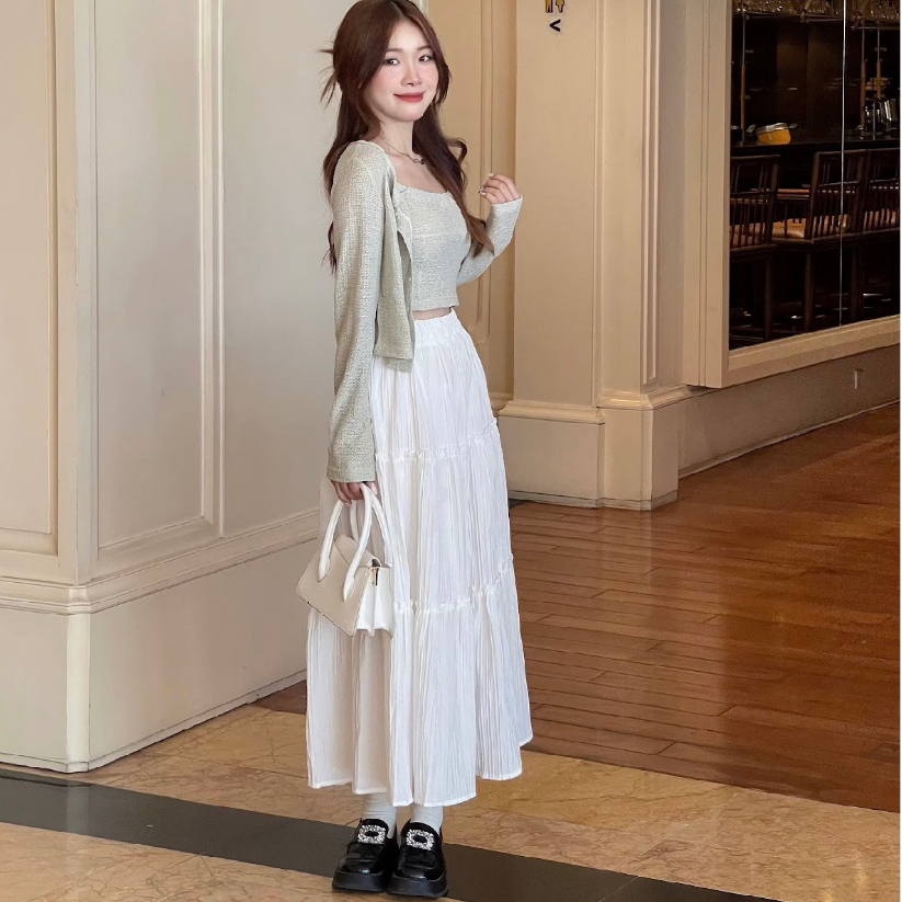 Chân váy LYRA dáng dài 3 tầng vải xốp kẻ ngang nhỏ nữ tính phong cách Hàn Quốc - CSYCD0116