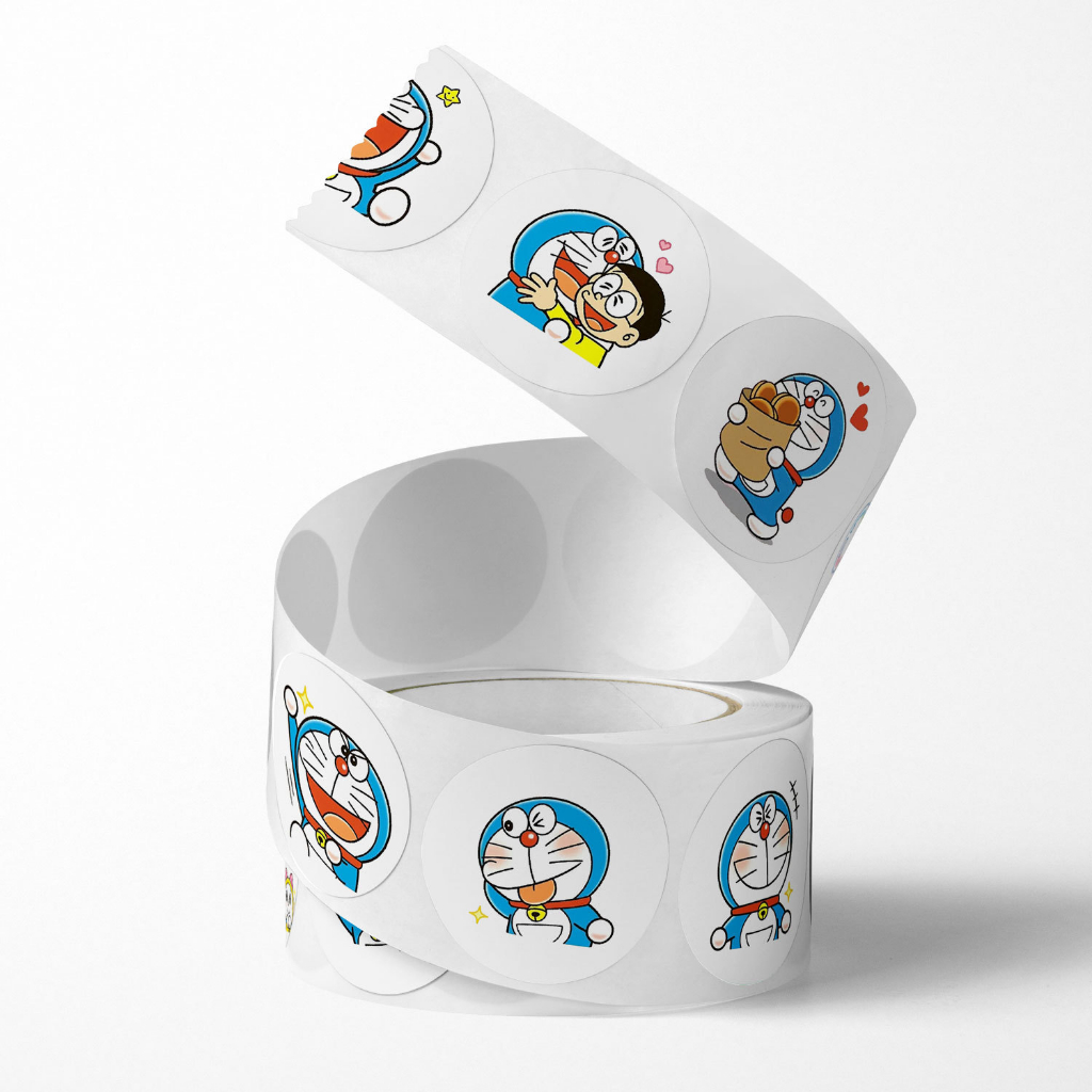 Cuộn 500 sticker Doraemon, nhãn dán cảm ơn, niêm phong, tem tròn tiết dễ thương đáng yêu