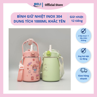 Bình giữ nhiệt inox 304 1000ml khắc tên bình nước giữ nhiệt 12h tặng sticker trang trí belivn-b115