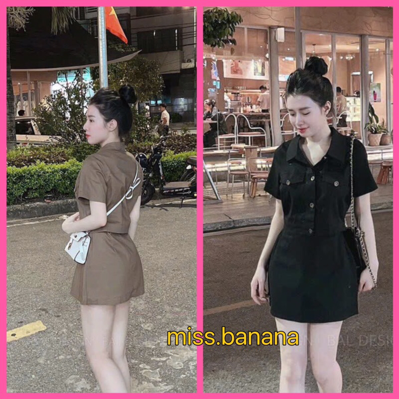 Set Bộ Đồ Kaki miumiu Áo sơ mi Gài nút Chân Váy dày MaPs