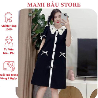Váy đầm bầu tiểu thư xinh xắn-váy bầu công sở dự tiệc cổ sơ mi cách điệu phối ren trắng cực