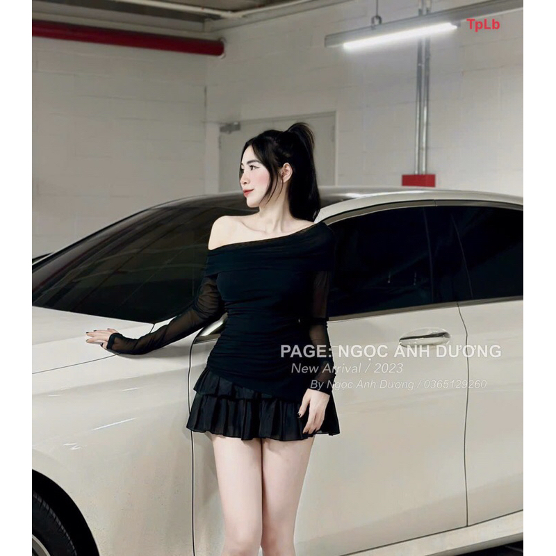 Set Bộ Đồ Áo Nhũ Voan Bệt Vai Tay dài Chân Váy Tầng xoè ngắn MaTP