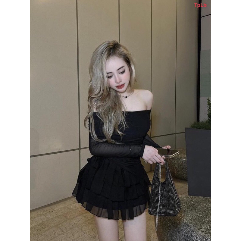 Set Bộ Đồ Áo Nhũ Voan Bệt Vai Tay dài Chân Váy Tầng xoè ngắn MaTP