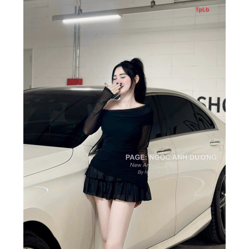 Set Bộ Đồ Áo Nhũ Voan Bệt Vai Tay dài Chân Váy Tầng xoè ngắn MaTP