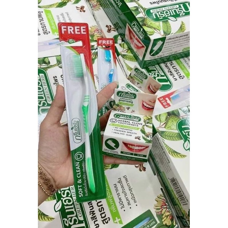 Combo Bột Trắng Răng Green Herb 25g + Bàn Chải Đánh Răng Thái Lan
