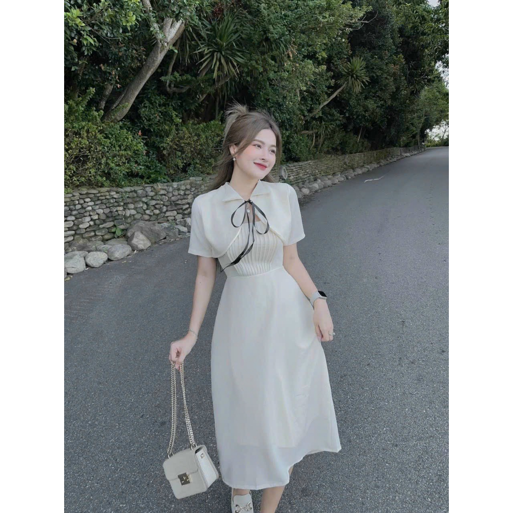 sét đồ nữ váy hai dây dáng dài, kèm áo khoác sang chảnh, thích hợp khi đi chơi, đi tiệc