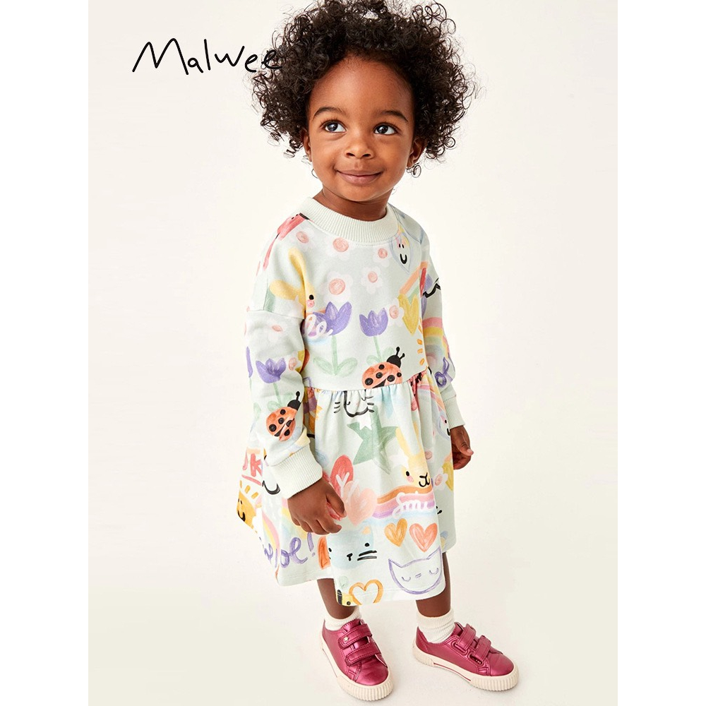 Váy cotton xanh hoạ tiết Malwee thời trang trẻ em từ 2-7 tuổi MW7727