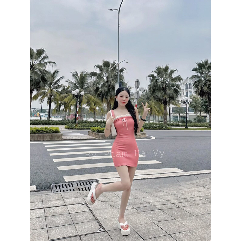 Kèm hình thật Đầm Ôm body 2s dây phối ren có Mút MaM