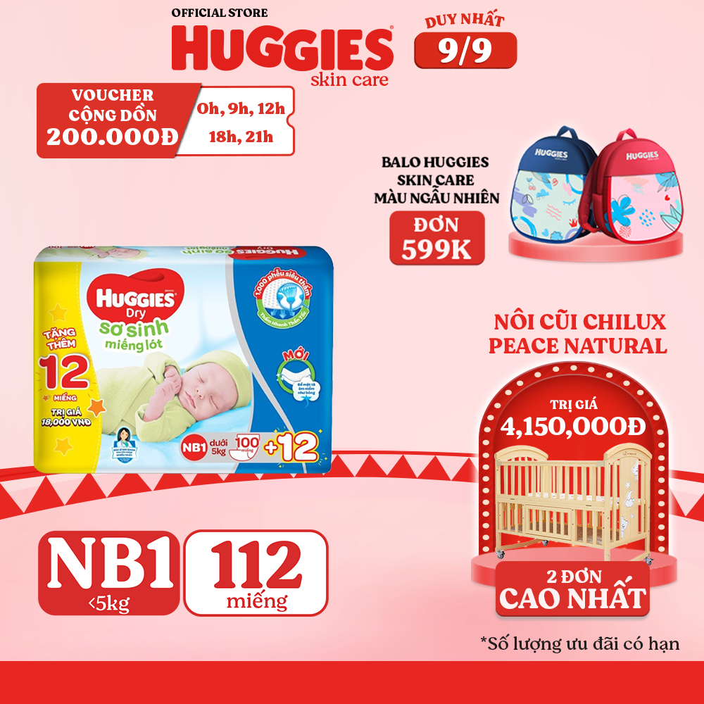 Miếng lót Sơ Sinh Huggies NB1 100 miếng - NB 1 100 (gói 100 miếng) + Tặng 8NB