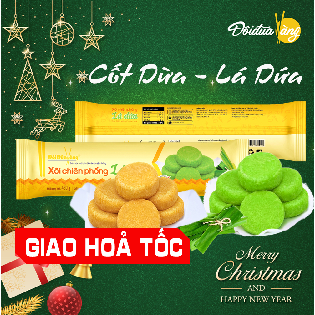 Xôi Chiên Phồng Cốt Dừa - Lá Dứa Thơm Ngon Giòn Rụm Đôi Đũa Vàng Gói 480g