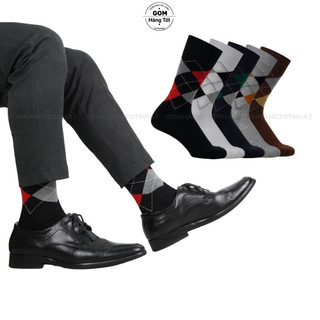 Hộp 5 đôi tất nam cổ cao đi giày tây hoạ tiết quả trám, vớ nam công sở chất liệu cotton hoáng mát -GOM-QUATRAM-CB5