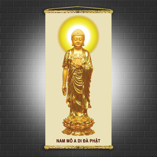 Tranh Liễn Phật Giáo - Tranh Phật A Di Đà-Hào quang  đẹp- Vải canvas kim tuyến nẹp sáo gỗ tự nhiên- giá xưởng