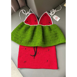 Hàng có sẵn-set dưa hấu- áo dây và chân váy dưa hấu len móc thủ công handmade
