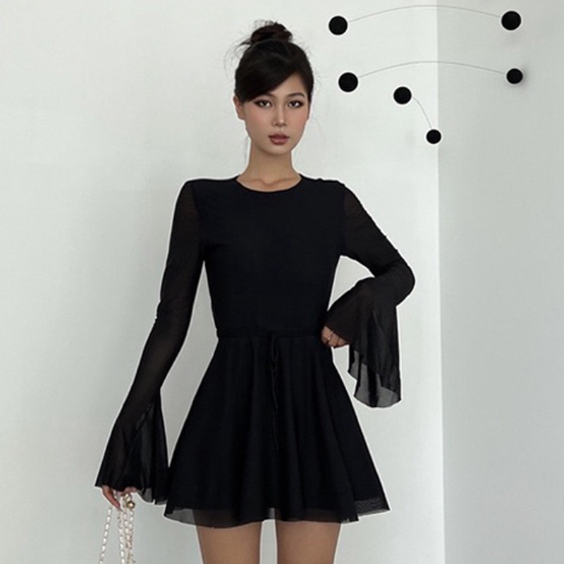 Đầm Voan Lưới Tay Loe Dài Mềm Mại Có Dây Thắt Eo Giữa Siêu Sang